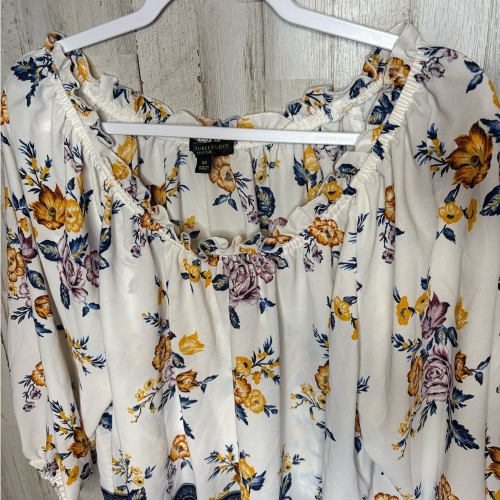 SIGNATURE STUDIO 2X Blue Tunic Top 3/4 Sleeve Length Boho Floral print - Picture 3 of 13